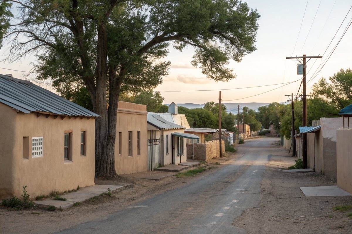 A quiet older street of small adobe and stucco homes under a cottonwood tree