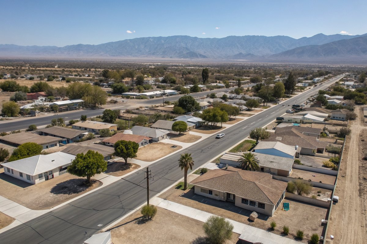 Aerial view of a high-desert neighborhood of stucco ranch homes on wide streets