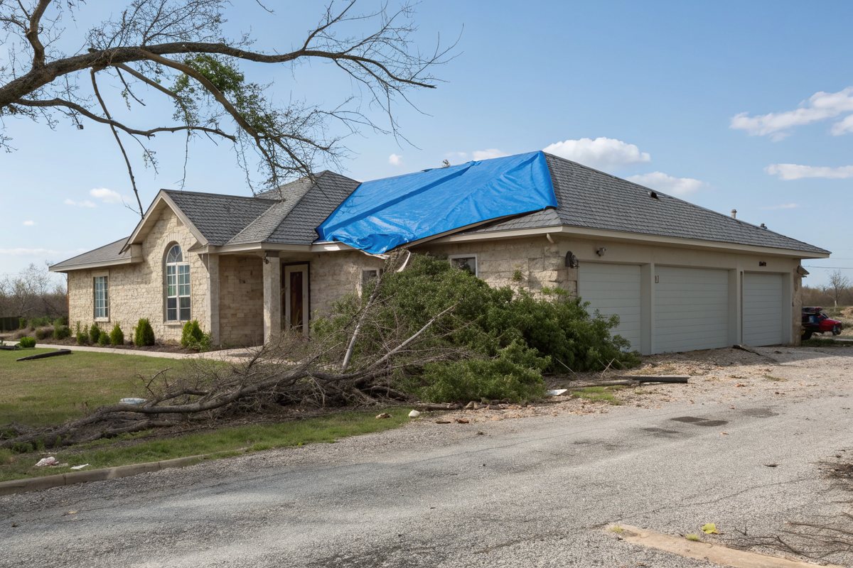 A stucco ranch house with a blue tarp over part of its roof after a windstorm