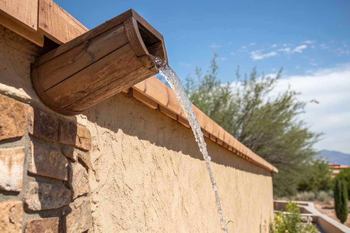 A wooden canale draining water from the parapet of a stucco wall