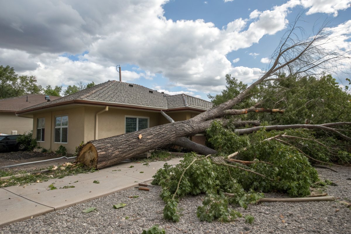 A large cottonwood limb fallen across the shingle roof of a stucco house