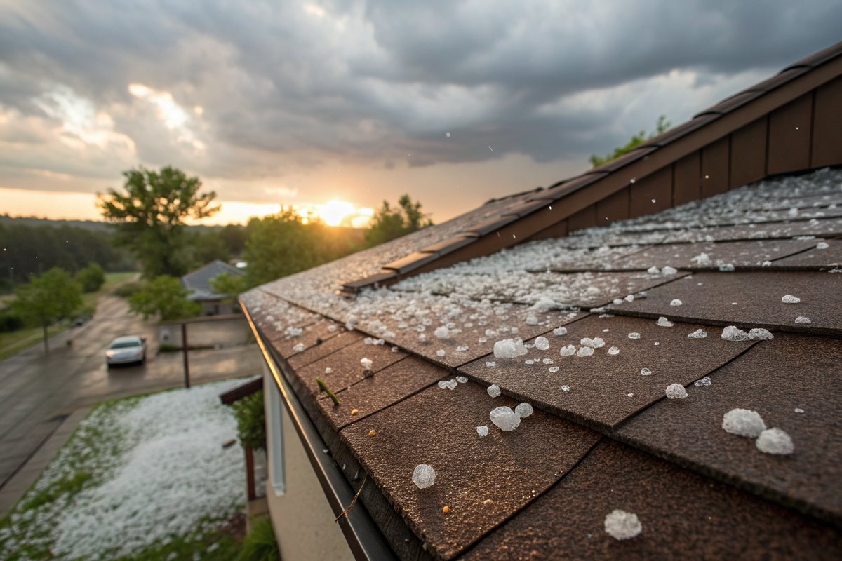 Small hailstones scattered across a brown shingle roof after a summer storm