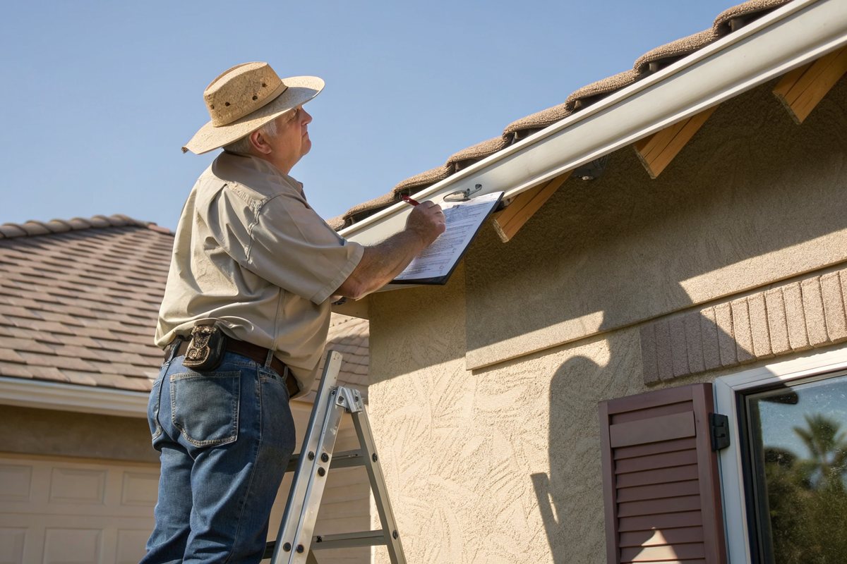 A man in a sun hat on a ladder checking the roof edge of a stucco house with a clipboard