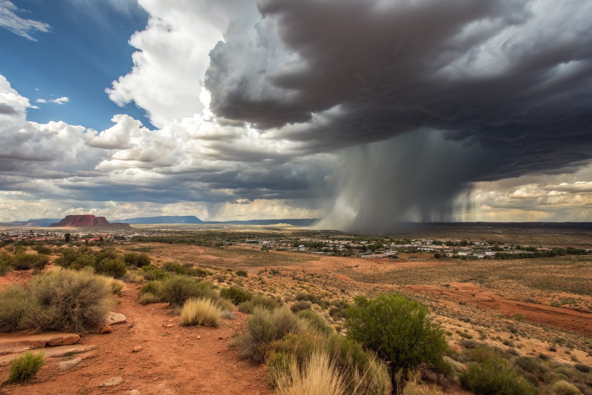 A summer monsoon storm dropping rain over a high-desert mesa