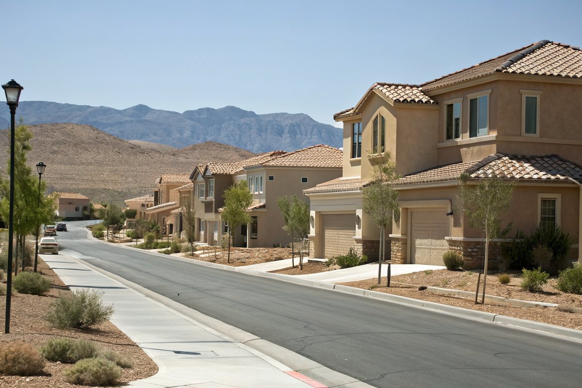 A street of newer two-story stucco homes with tile and shingle roofs