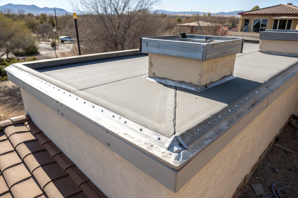 Metal cap flashing along the parapet of a flat roof on a stucco house