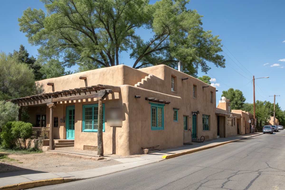 A Pueblo Revival style house with a flat roof, vigas and turquoise window trim