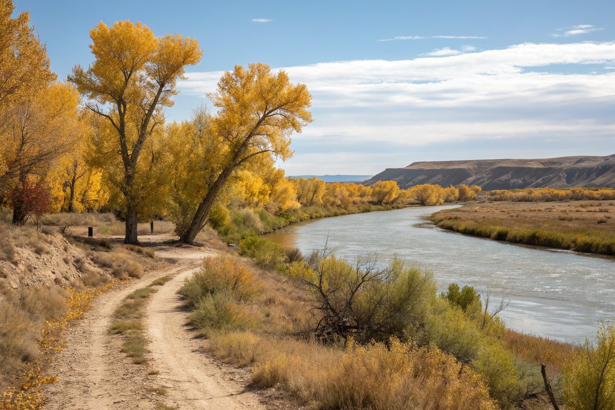Golden cottonwood trees along a wide shallow river in autumn