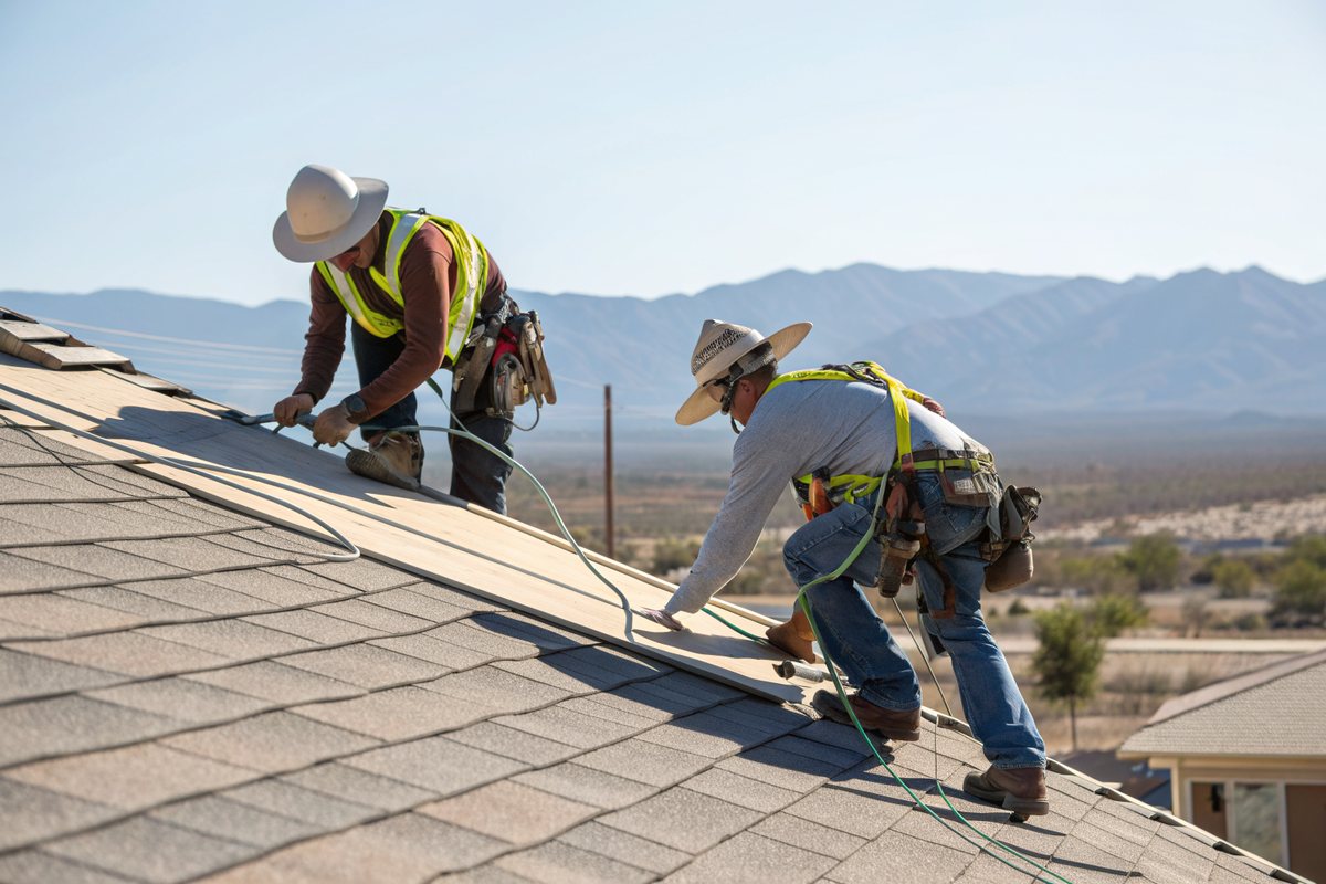 Two roofers in harnesses and sun hats nailing new shingles on a pitched roof