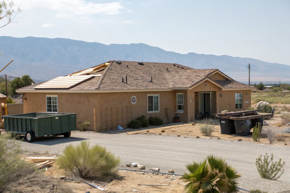 A stucco ranch home with half its old shingles stripped to the decking and a dumpster trailer in the driveway
