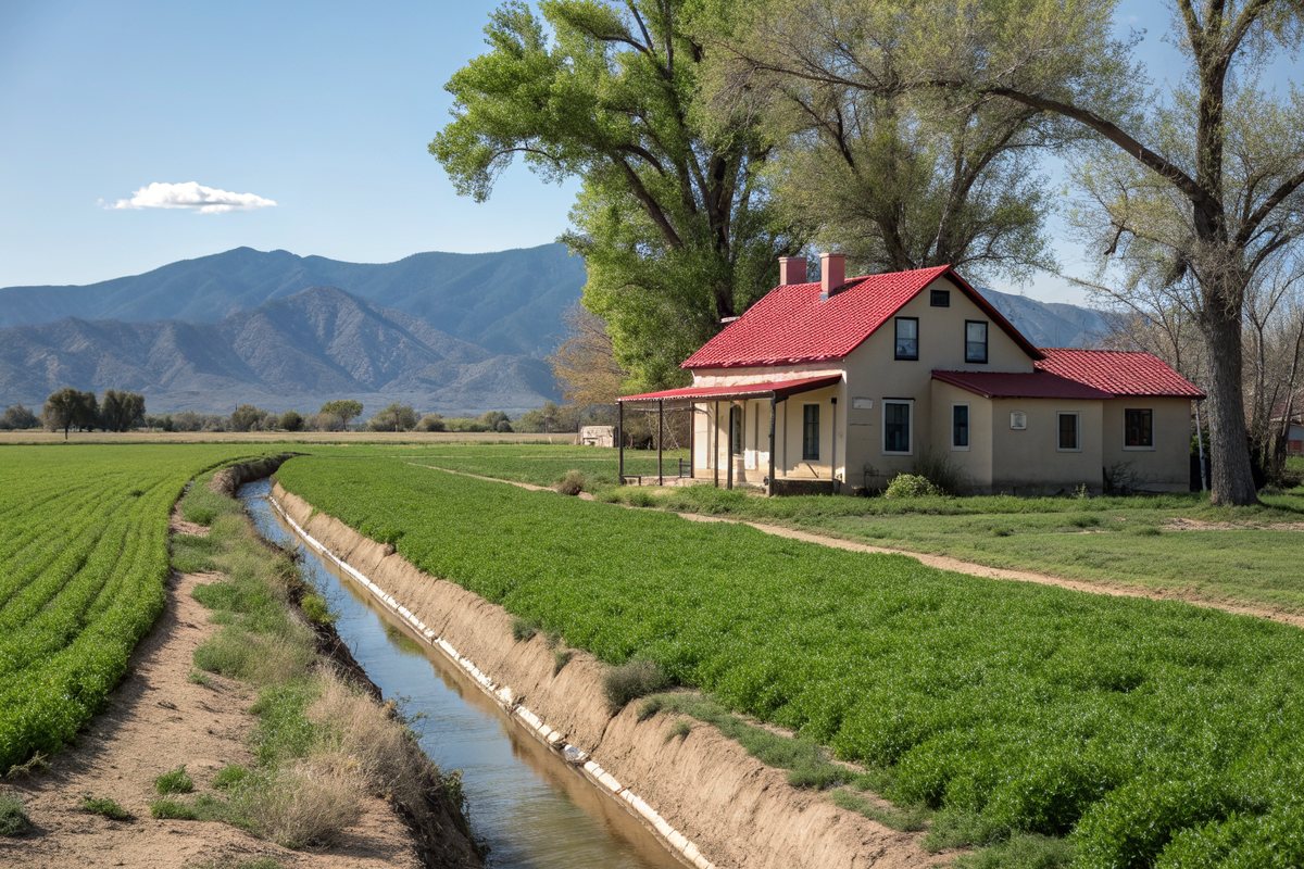 A valley farmhouse with a red metal roof beside an irrigation ditch and a green field