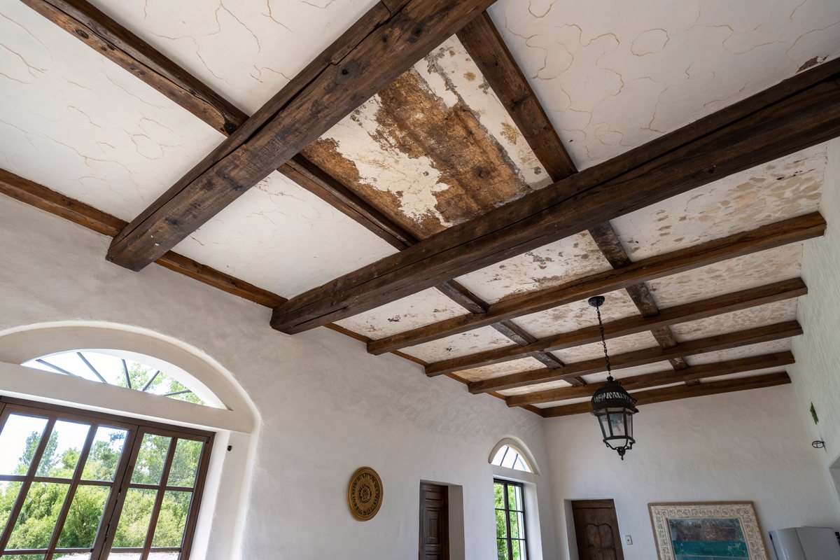 A water stain spreading across a plaster ceiling between wooden vigas